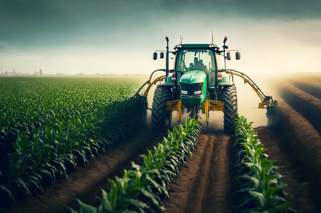 Agricultural tractor with attachments drives through farm field